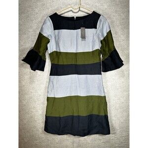 Ann Taylor Color Block Linen Blend Dress Sz 2P 3/4 Bell Sleeve Navy Blue Green